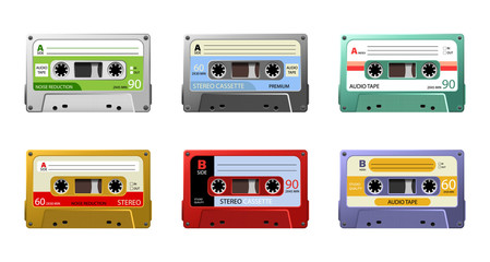 Set of retro audio cassettes, pop art style. Vintage tape cassette. Retro mixtape, 1980s pop songs tapes and stereo music cassettes. 90s hifi disco dance audiocassette