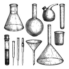 Laboratory equipment sketches set. Hand drawn glass pipette, flask, beaker, glass, tubes and funnel drawings. Chemical and medicine lab testing equipment collection. Vector laboratory testing tools.