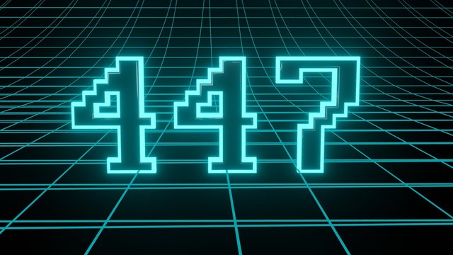Number 447 in neon glow cyan on grid background, isolated number 3d render
