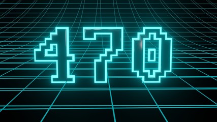 Number 470 in neon glow cyan on grid background, isolated number 3d render