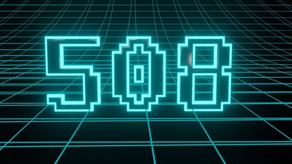 Number 508 in neon glow cyan on grid background, isolated number 3d render