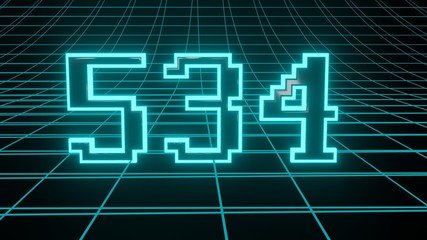 Number 534 in neon glow cyan on grid background, isolated number 3d render