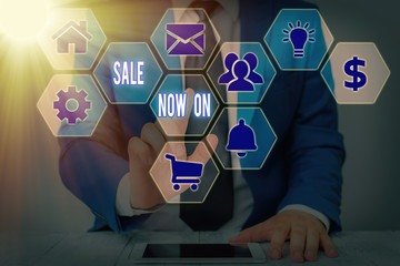 Word writing text Sale Now On. Business photo showcasing Discounts and promotional sales retail...