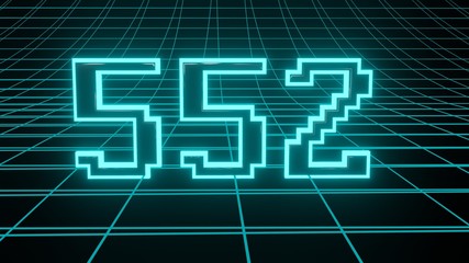 Number 552 in neon glow cyan on grid background, isolated number 3d render