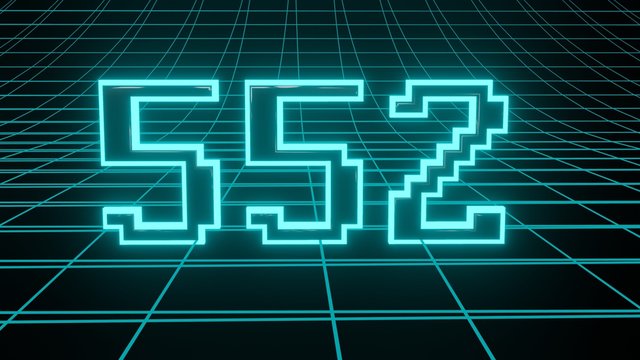 Number 552 in neon glow cyan on grid background, isolated number 3d render