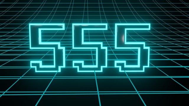 Number 555 in neon glow cyan on grid background, isolated number 3d render