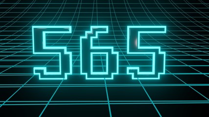 Number 565 in neon glow cyan on grid background, isolated number 3d render