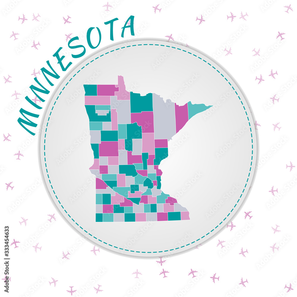 Poster minnesota map design. map of the us state with regions in emerald-amethyst color palette. rounded tr