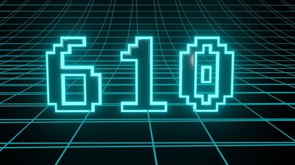 Number 610 in neon glow cyan on grid background, isolated number 3d render