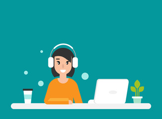 Cute girl study online with computer. flat vector cartoon illustration on turquoise background.