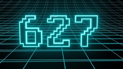 Number 627 in neon glow cyan on grid background, isolated number 3d render