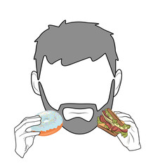 a man chooses food between a sweet and a sandwich. unhealthy food. losing weight. vector illustration