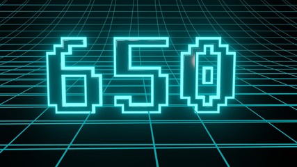 Number 650 in neon glow cyan on grid background, isolated number 3d render