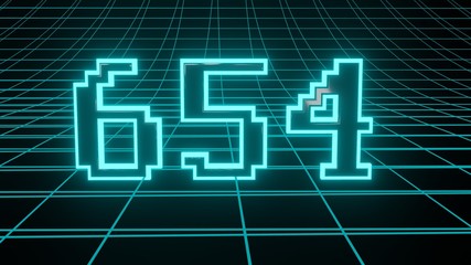 Number 654 in neon glow cyan on grid background, isolated number 3d render