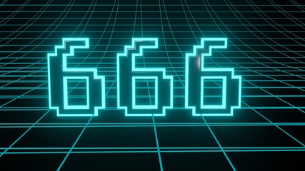 Number 666 in neon glow cyan on grid background, isolated number 3d render