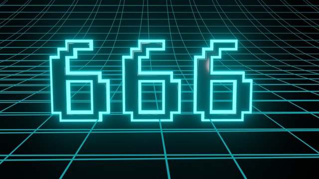Number 666 in neon glow cyan on grid background, isolated number 3d render