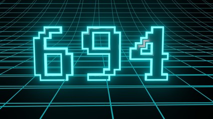 Number 694 in neon glow cyan on grid background, isolated number 3d render