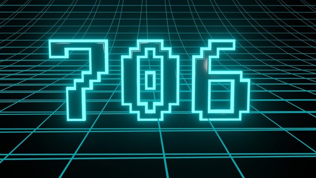 Number 706 in neon glow cyan on grid background, isolated number 3d render