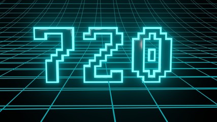 Number 720 in neon glow cyan on grid background, isolated number 3d render