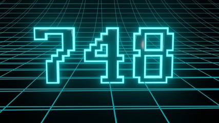 Number 748 in neon glow cyan on grid background, isolated number 3d render