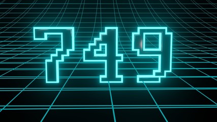 Number 749 in neon glow cyan on grid background, isolated number 3d render