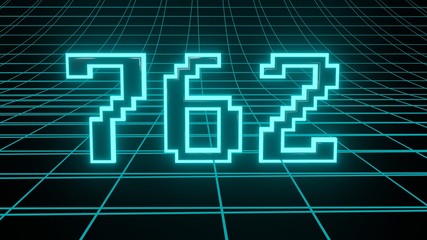 Number 762 in neon glow cyan on grid background, isolated number 3d render