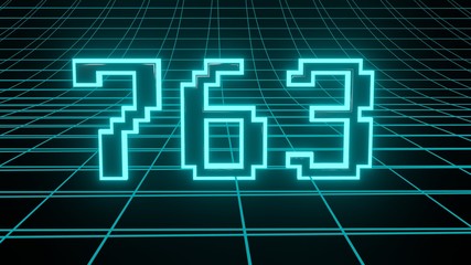 Number 763 in neon glow cyan on grid background, isolated number 3d render
