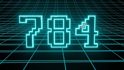 Number 784 in neon glow cyan on grid background, isolated number 3d render
