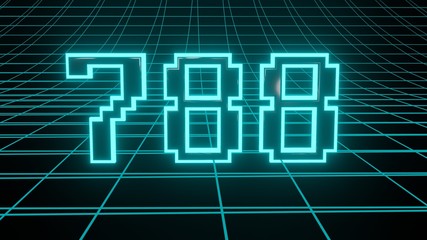 Number 788 in neon glow cyan on grid background, isolated number 3d render