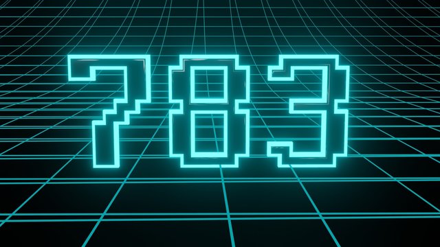 Number 783 in neon glow cyan on grid background, isolated number 3d render