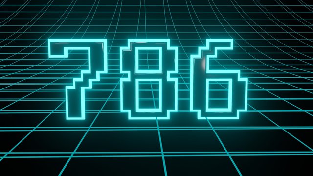 Number 786 in neon glow cyan on grid background, isolated number 3d render