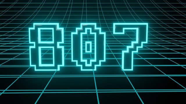 Number 807 in neon glow cyan on grid background, isolated number 3d render