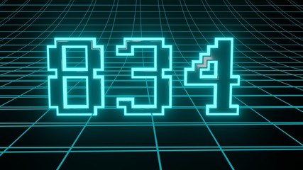 Number 834 in neon glow cyan on grid background, isolated number 3d render