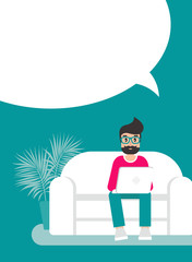 freelancer man on sofa with computer and big speech bubble. flat vector illustration on turquoise background.