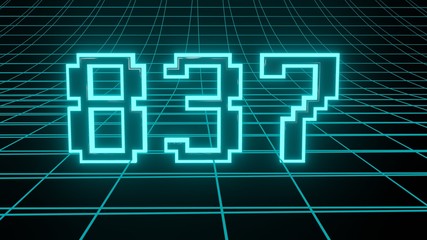 Number 837 in neon glow cyan on grid background, isolated number 3d render