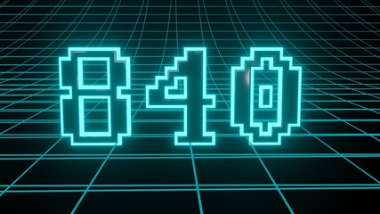 Number 840 in neon glow cyan on grid background, isolated number 3d render