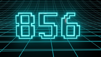 Number 856 in neon glow cyan on grid background, isolated number 3d render