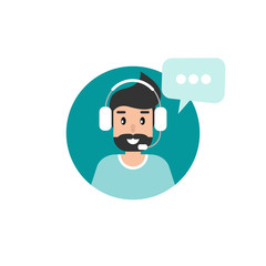 Man operator with headphones, microphone and speech bubbles in blue circle.