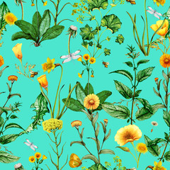 Watercolor seamless pattern of medical plants