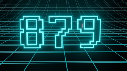 Obraz premium Number 879 in neon glow cyan on grid background, isolated number 3d render