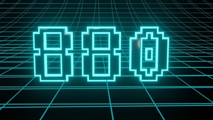 Number 880 in neon glow cyan on grid background, isolated number 3d render