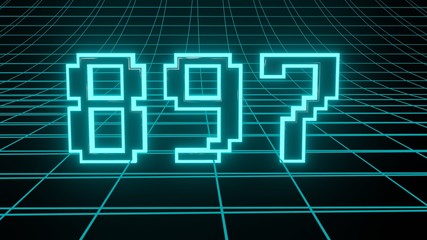 Number 897 in neon glow cyan on grid background, isolated number 3d render