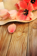 Spring flowers tulips with a straw sun hat