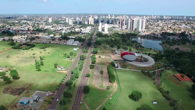 Aerial view of the city of Campo Grande MS, Brazil. Video at the highs of Afonso Pena avenue. Low density growing city, wooded and with a large avenue.