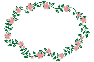 Fototapeta na wymiar frame of green branches with pink flowers and oval foliage for creativity