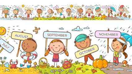 Children with months signs and changing weather and seasons, a long horizontal border or frame