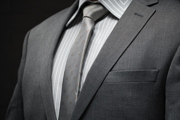 businessman portrait dressed in gray suit, dark wall background