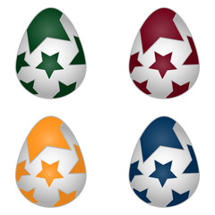 Color vector illustration of a set of white Easter eggs with a bright star pattern. Three-dimensional image on an isolated background. Idea for a sticker, book, magazine. Cartoon style. Holiday print.