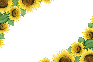 festive floral frame with sunflowers, bright watercolor floral design template with copy space