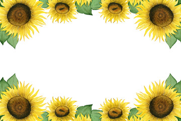 sunflower frame design with copy space, bright floral decoration with watercolor sunflowers 